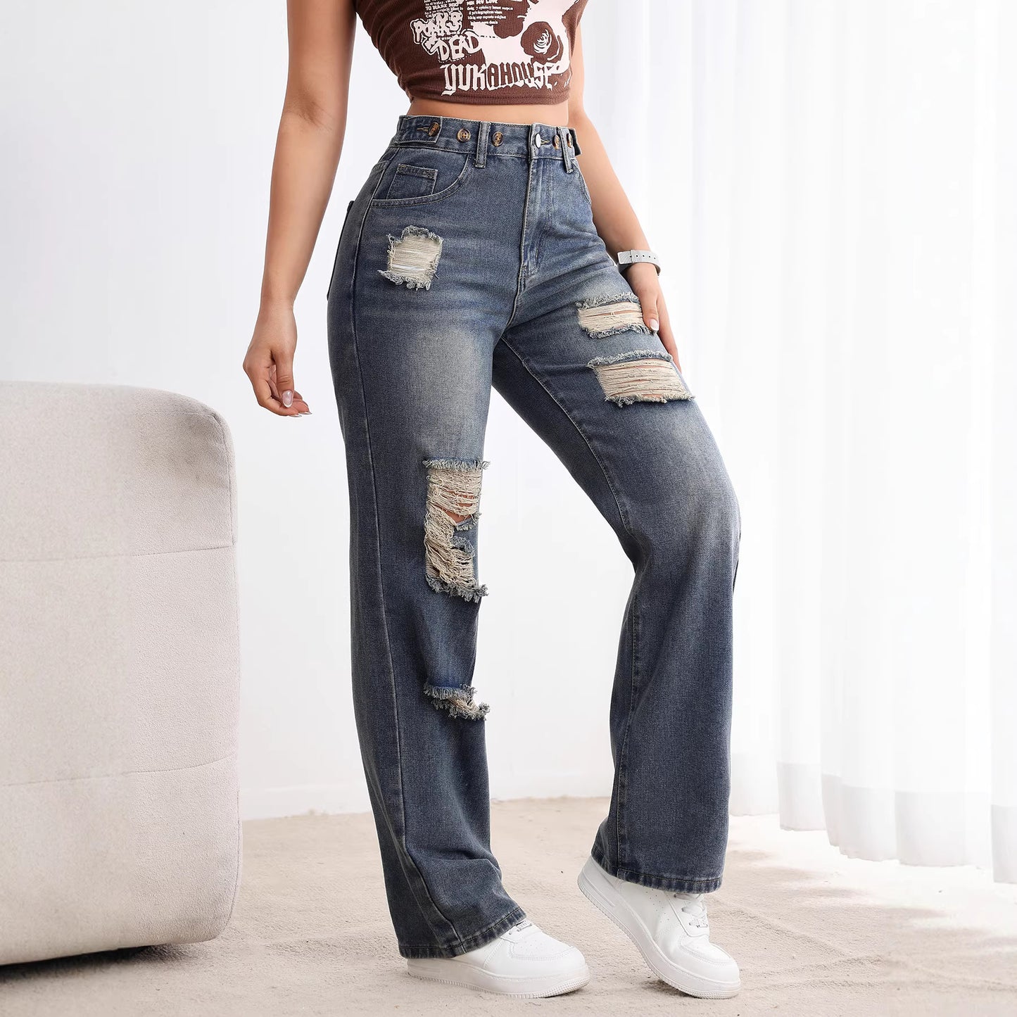 JADE™ | Jean taille haute droite déchiré