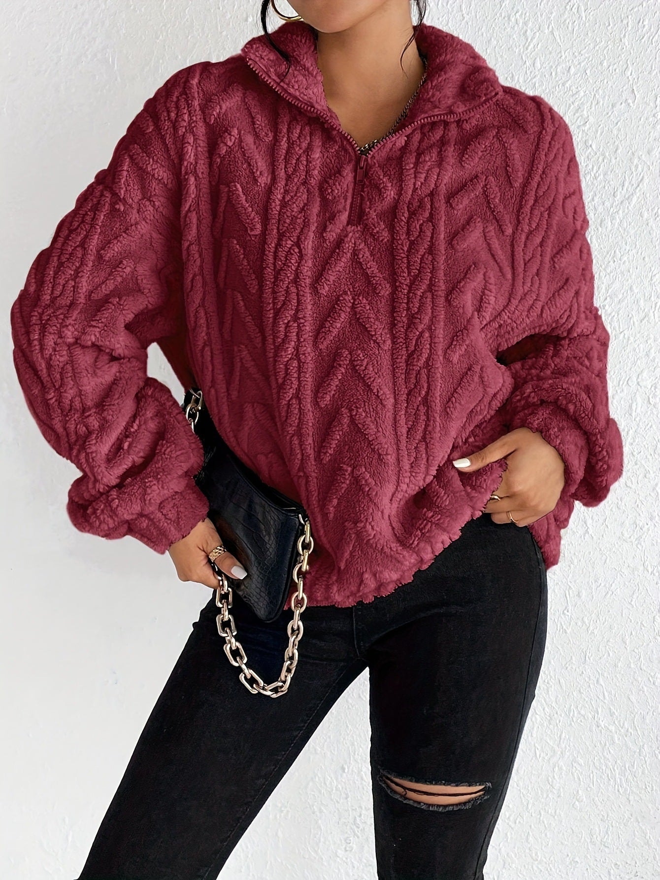 Double-sided Plush Latte Art Casual Zipper Pullover Top