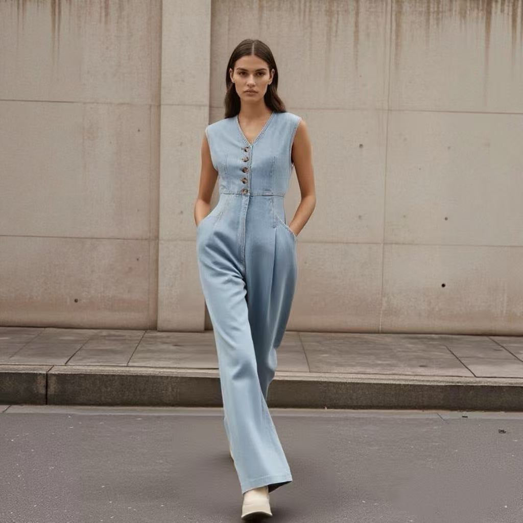SELMA™ | Salopette jean col V double boutonnage