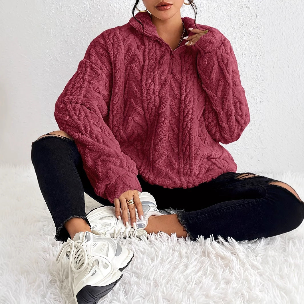 Double-sided Plush Latte Art Casual Zipper Pullover Top