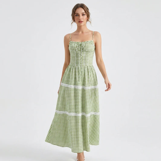 CAMILLE | Robe longue vichy à bretelles nouées
