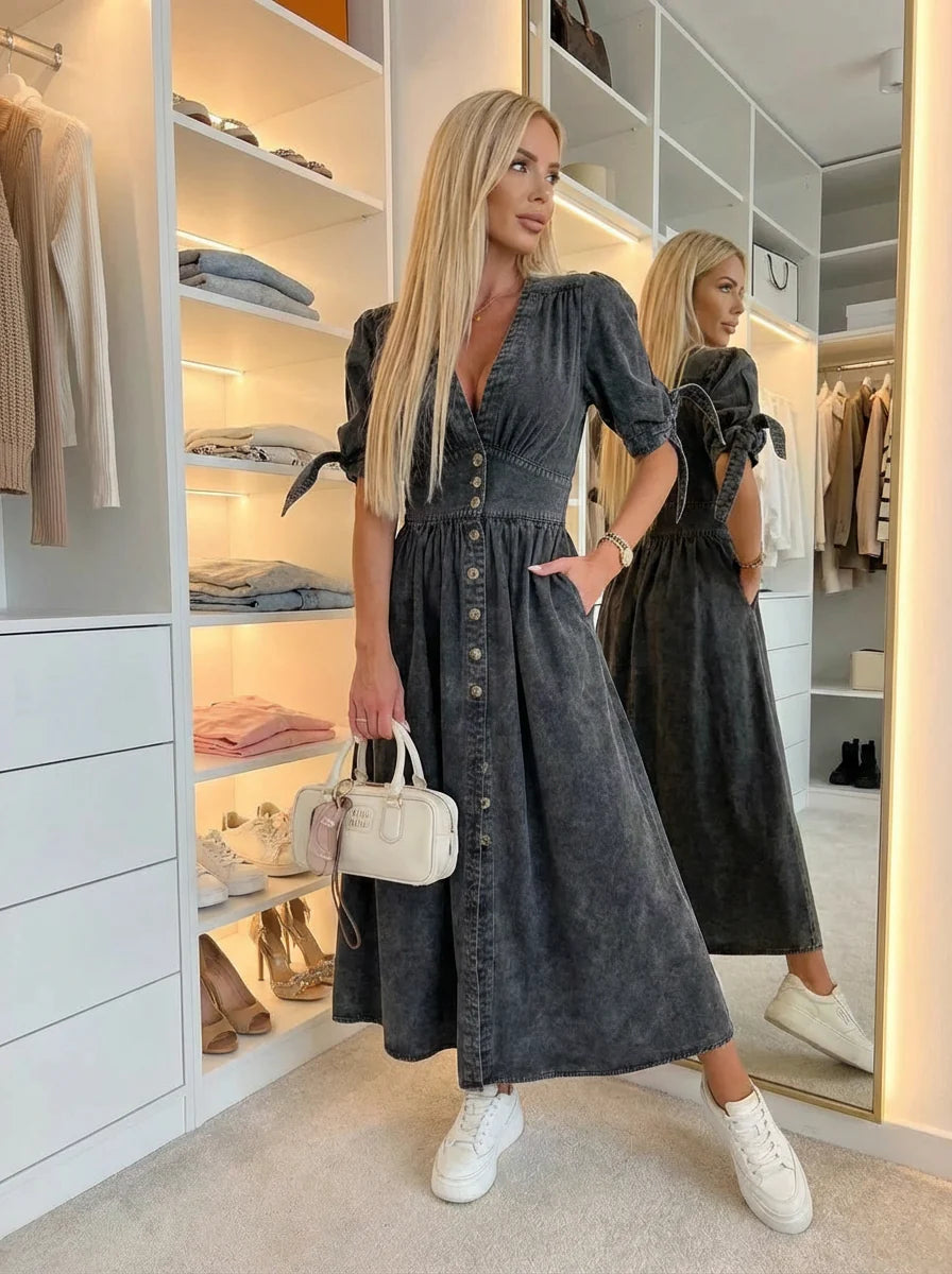 Robe DENIM | Longue Col V & Boutonnage Fendue
