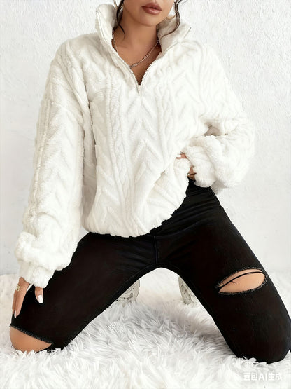 Double-sided Plush Latte Art Casual Zipper Pullover Top