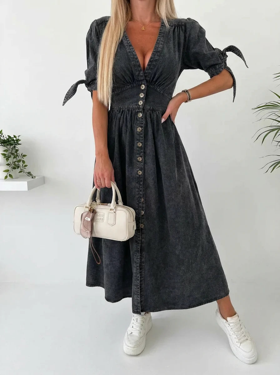 Robe DENIM | Longue Col V & Boutonnage Fendue