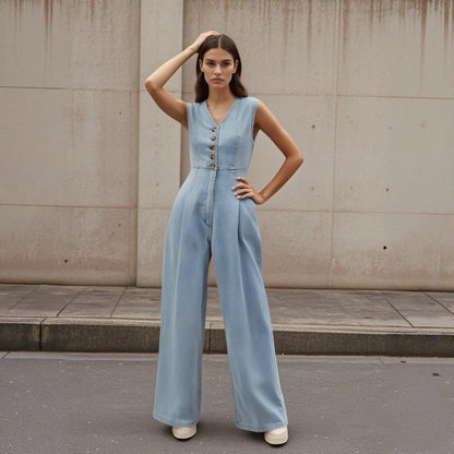 SELMA™ | Salopette jean col V double boutonnage