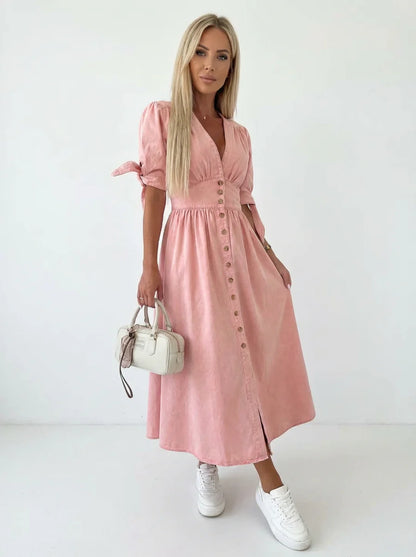Robe DENIM | Longue Col V & Boutonnage Fendue