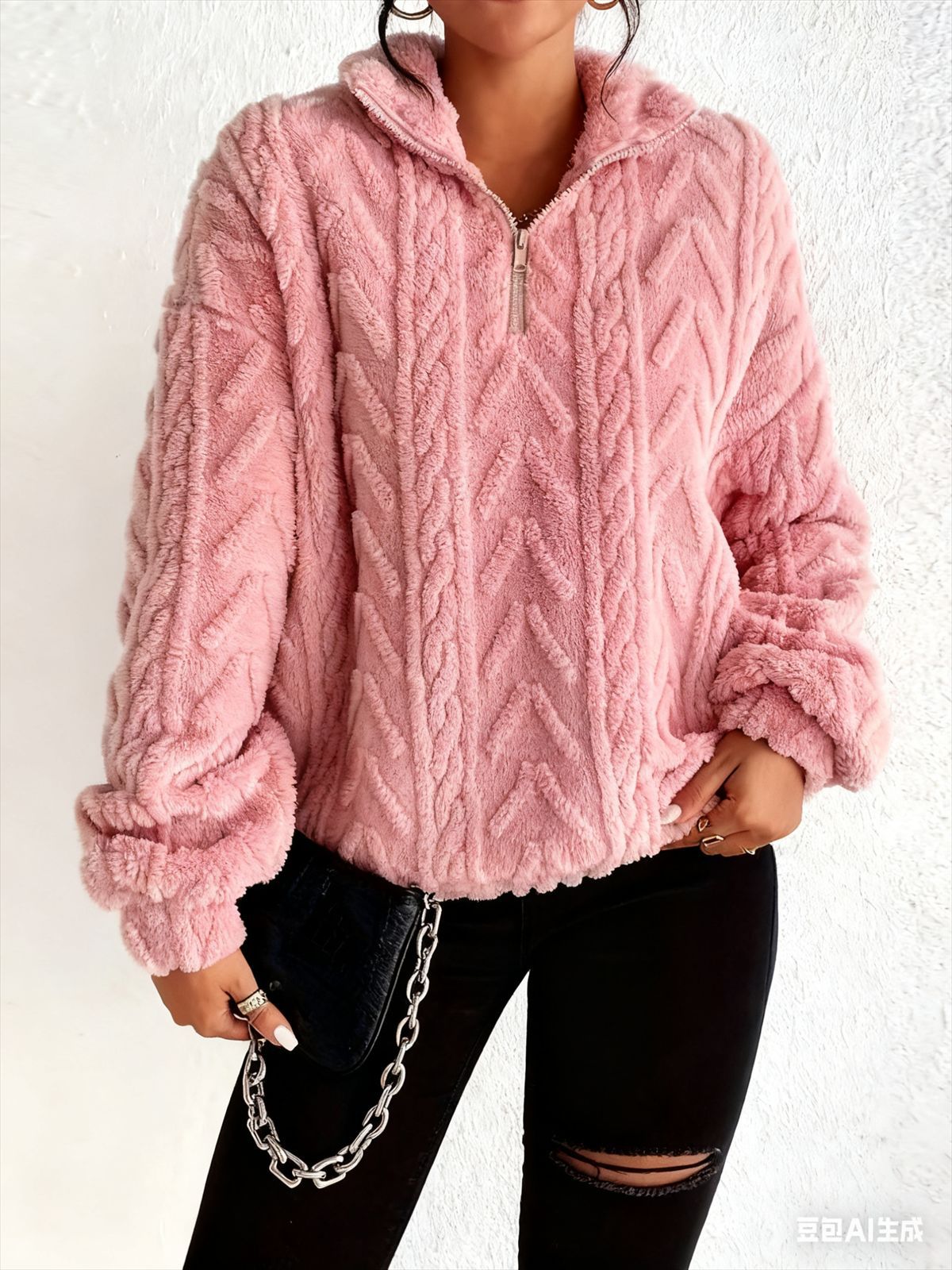 Double-sided Plush Latte Art Casual Zipper Pullover Top