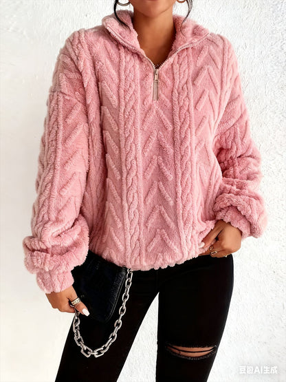 Double-sided Plush Latte Art Casual Zipper Pullover Top