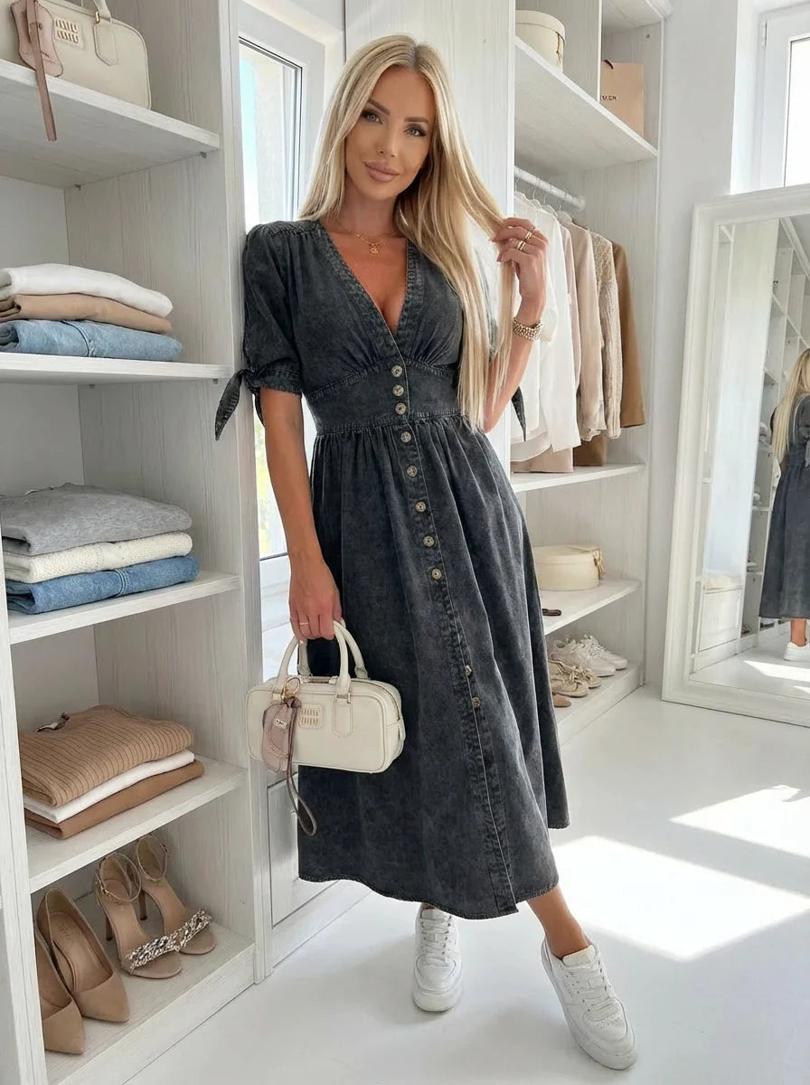 Robe DENIM | Longue Col V & Boutonnage Fendue