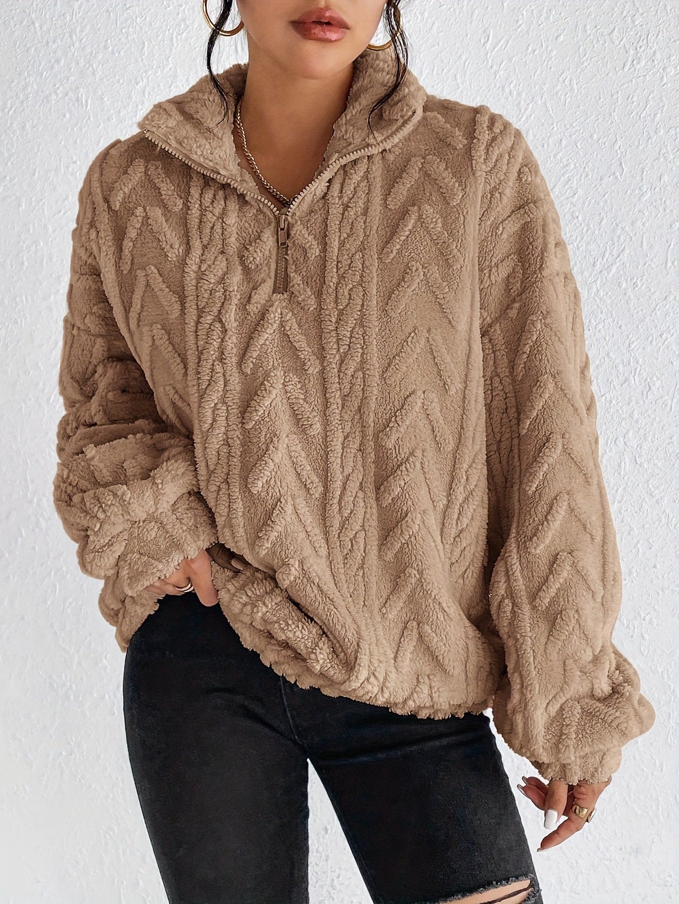 Double-sided Plush Latte Art Casual Zipper Pullover Top