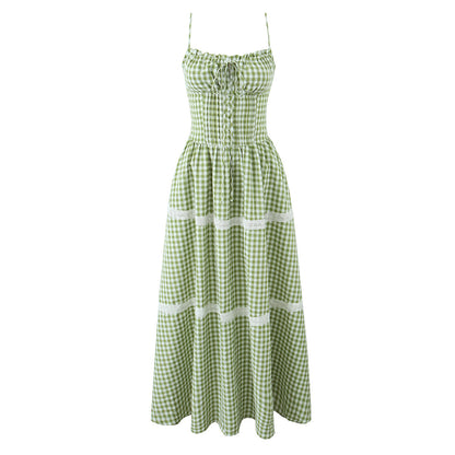 CAMILLE | Robe longue vichy à bretelles nouées