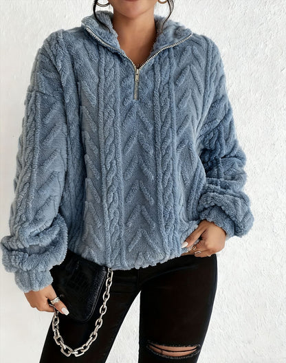 Double-sided Plush Latte Art Casual Zipper Pullover Top