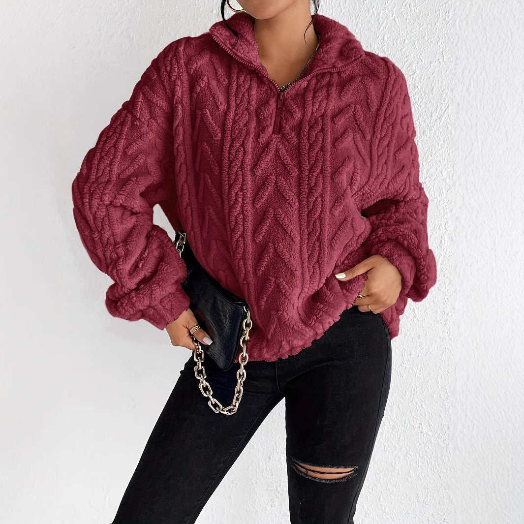 Double-sided Plush Latte Art Casual Zipper Pullover Top