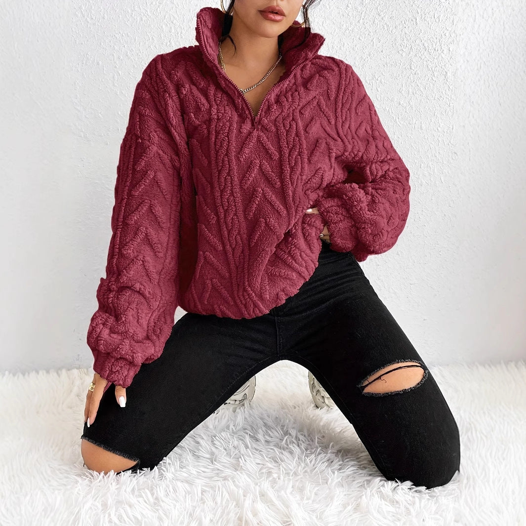 Double-sided Plush Latte Art Casual Zipper Pullover Top