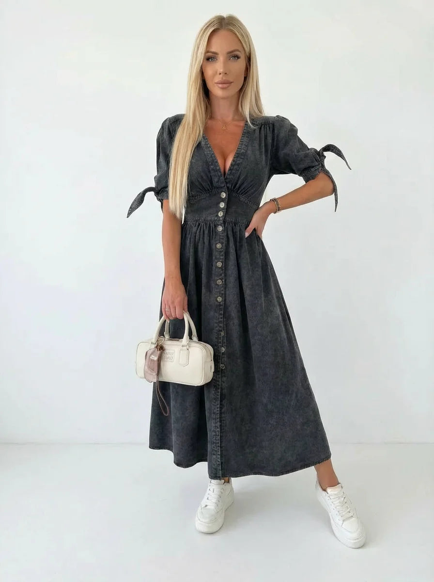Robe DENIM | Longue Col V & Boutonnage Fendue