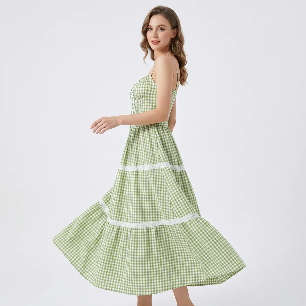 CAMILLE | Robe longue vichy à bretelles nouées