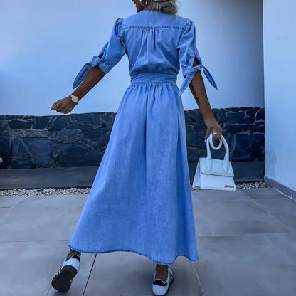 Robe DENIM | Longue Col V & Boutonnage Fendue