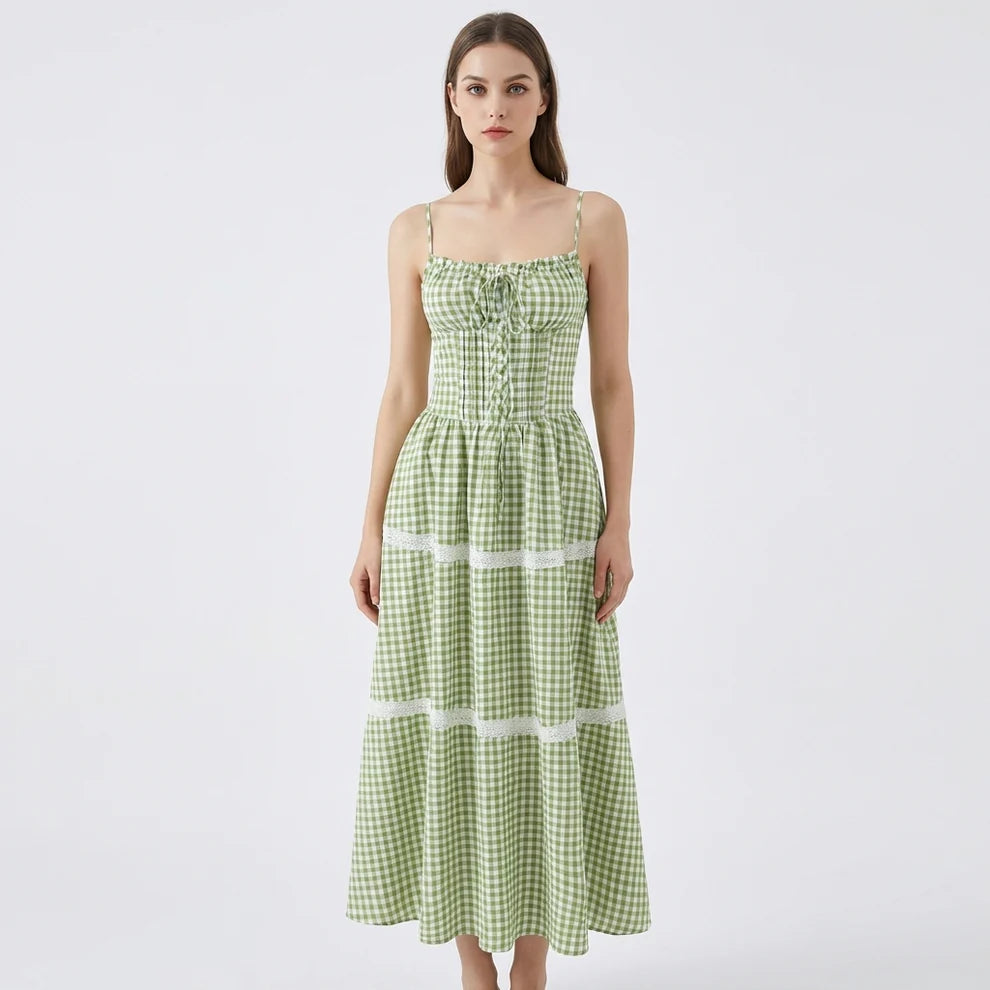 CAMILLE | Robe longue vichy à bretelles nouées
