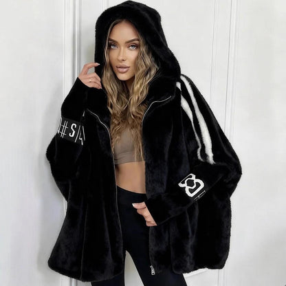 Manteau à capuche zippé en fourrure de vison pour femme