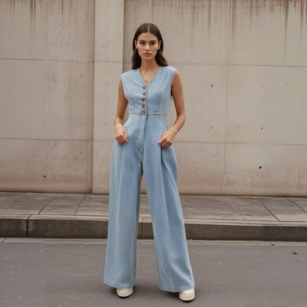 SELMA™ | Salopette jean col V double boutonnage