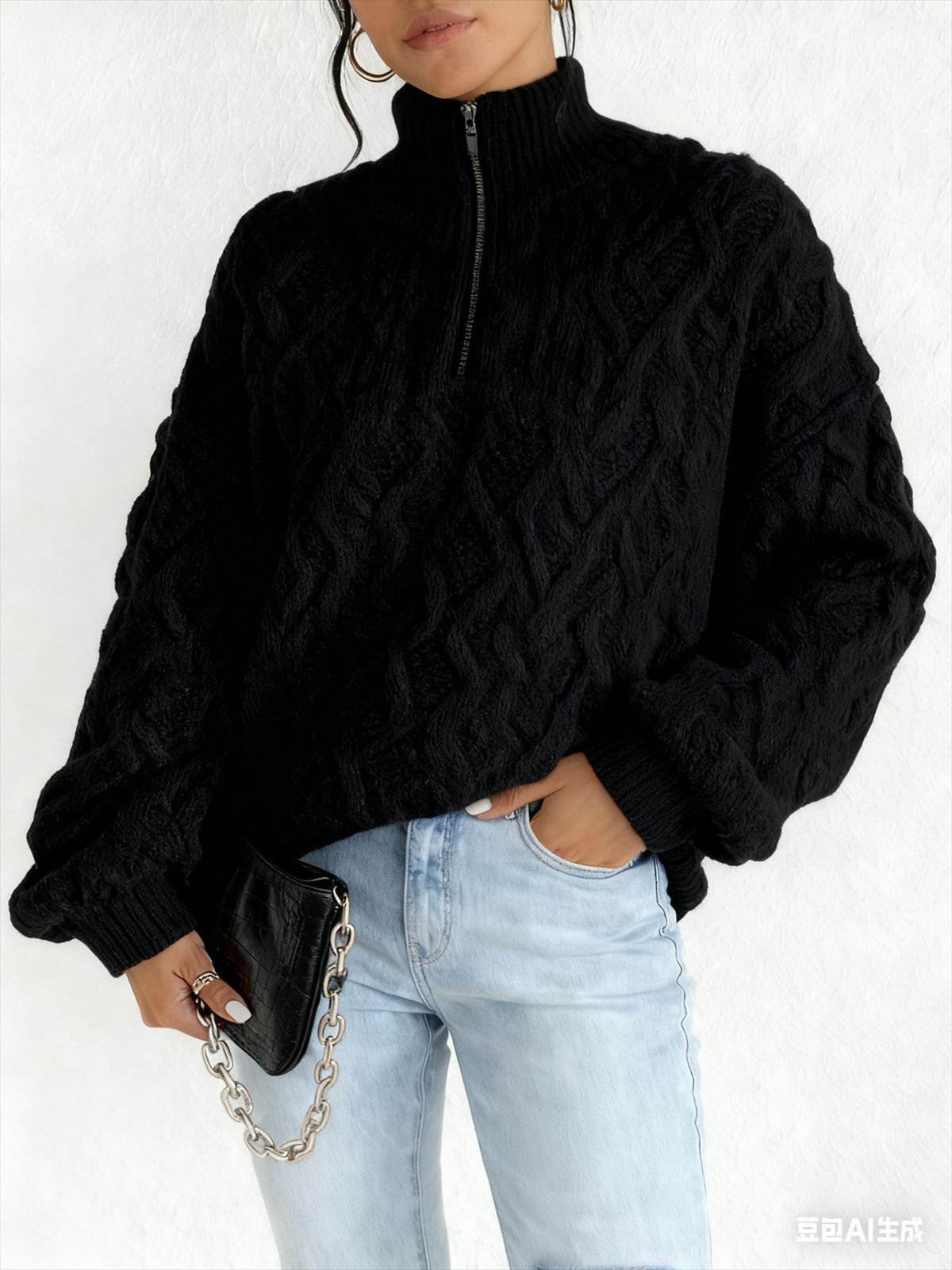 Double-sided Plush Latte Art Casual Zipper Pullover Top