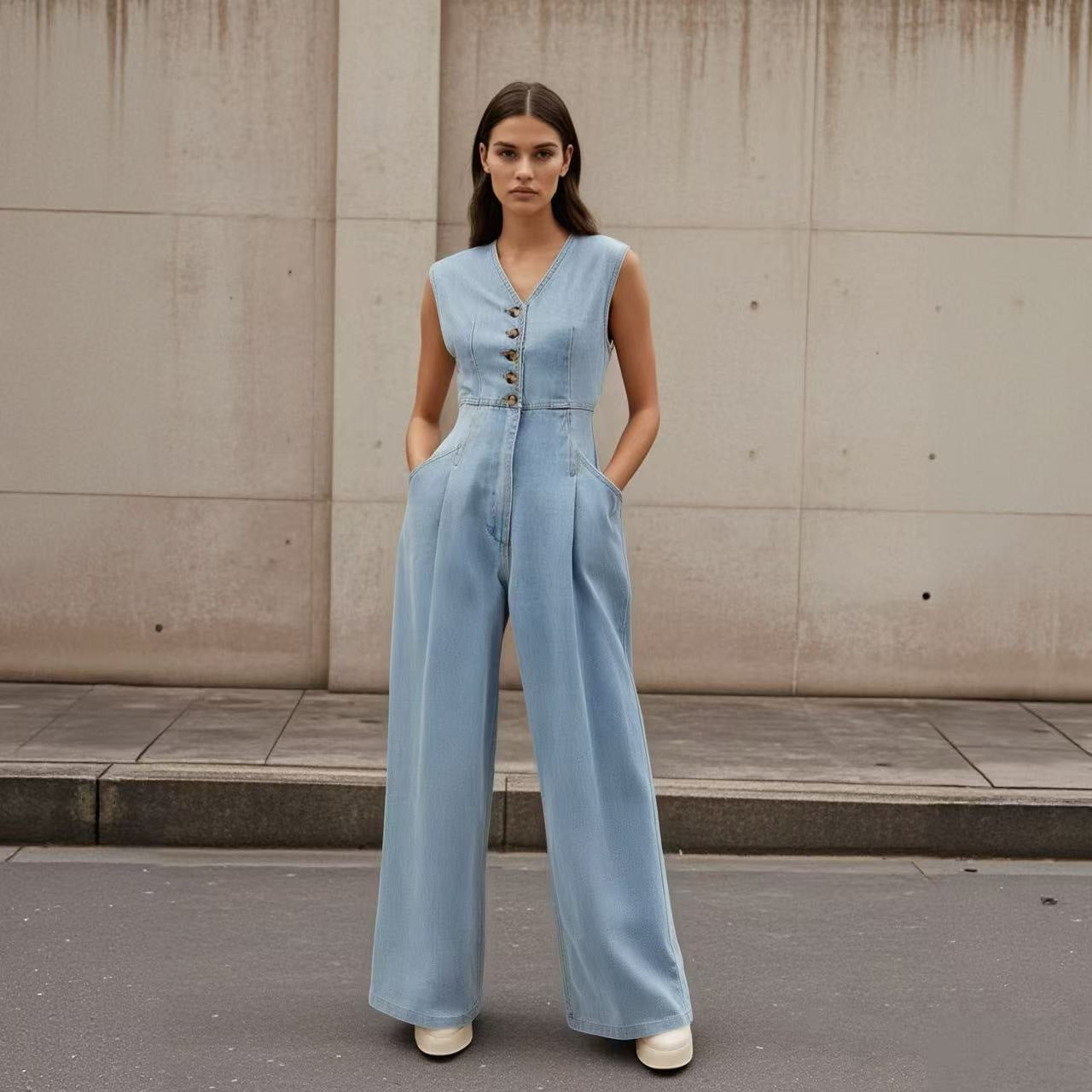 SELMA™ | Salopette jean col V double boutonnage