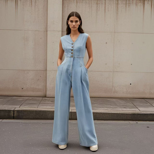 SELMA™ | Salopette jean col V double boutonnage