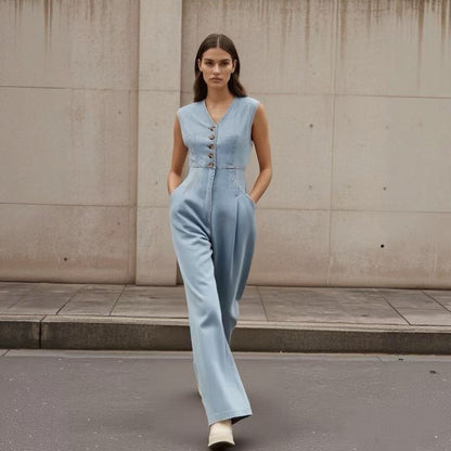 SELMA™ | Salopette jean col V double boutonnage